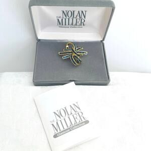 Vtg NOLAN MILLER Crystal Baguette Faux Sapphire Brooch Bow Knot Gold Plate